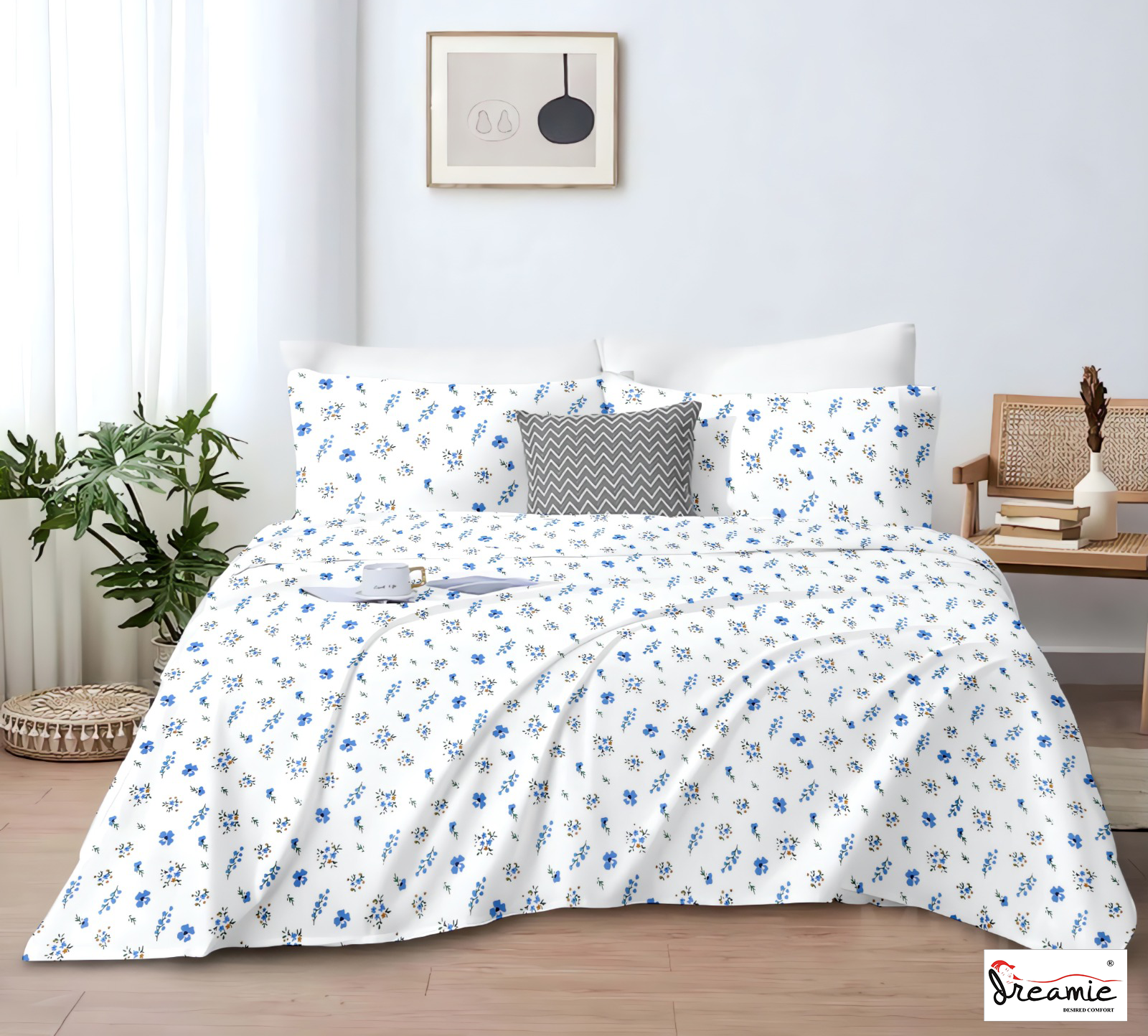 Dreamie Italia 180TC 100% Cotton Satin Extra Large Double Bedsheet.Fashion String King Size Double Bedsheet with 2 Pillow Covers. (Blossom)