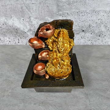 GOLDEN GANESH JI FOUR LAYER WATERFALL FOUNTAIN WITH LIGHT AND GLASS BALL