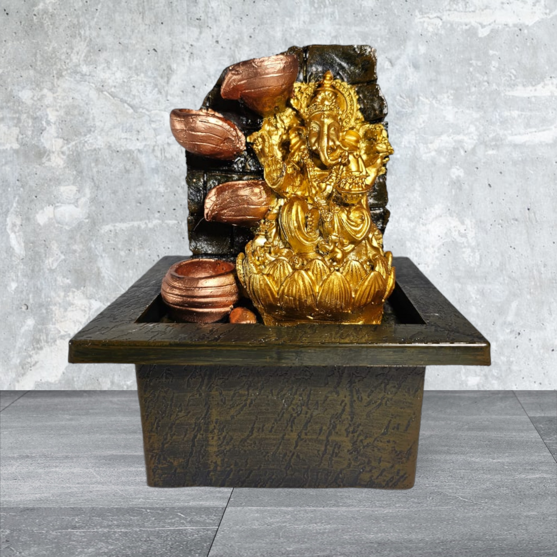GOLDEN GANESH JI FOUR LAYER WATERFALL FOUNTAIN WITH LIGHT AND GLASS BALL
