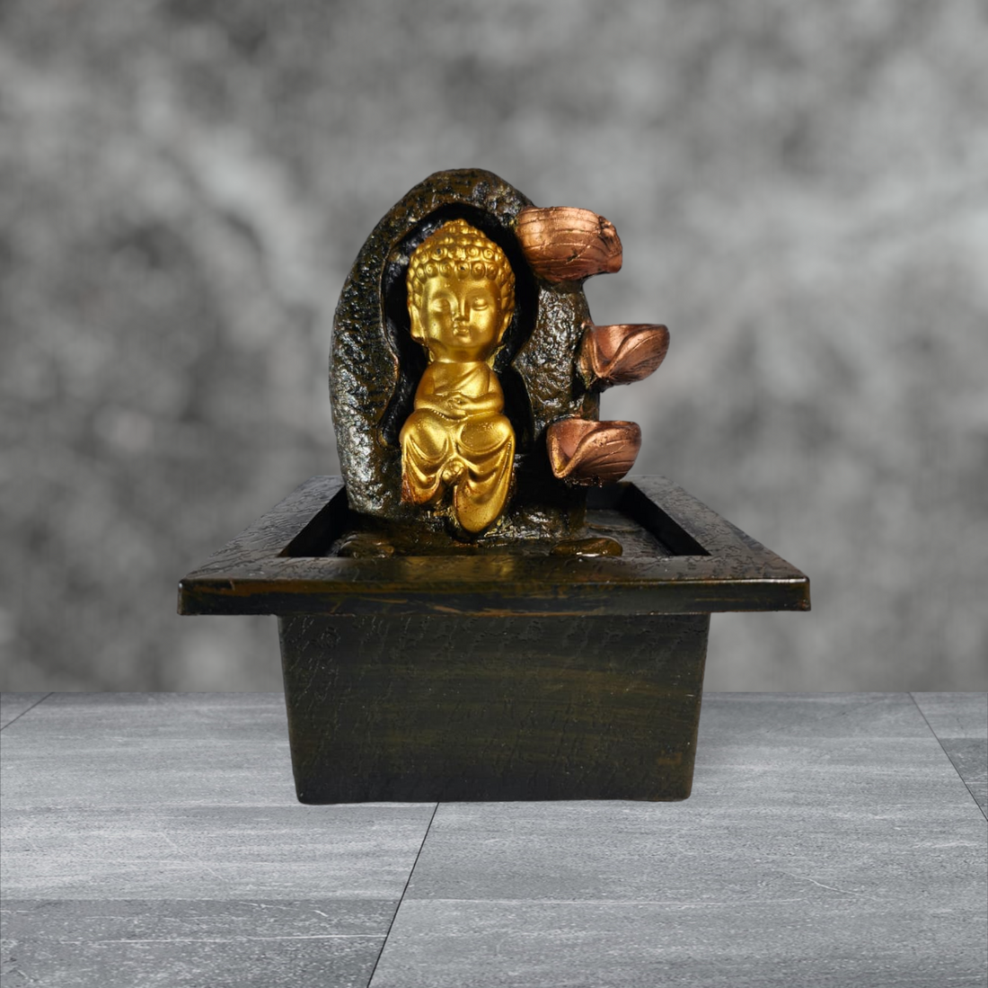 SMALL BUDHDHA WITH THREE LAYER WATERFALL FOUNTAIN WITH LIGHT AND GLASS BALL