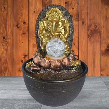 GANESH JI ON LOTUS ROUND WATERFALL FOUNTAIN WITH LIGHT AND GLASS BALL