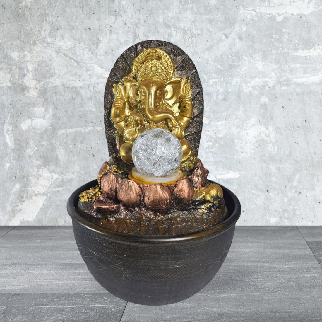 GANESH JI ON LOTUS ROUND WATERFALL FOUNTAIN WITH LIGHT AND GLASS BALL