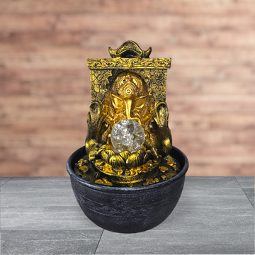 GANESH JI ON SINGHASHAN ROUND WATERFALL FOUNTAIN WITH LIGHT AND GLASS BALL