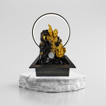 SHIV PARVATI AND GANESH JI WATERFALL FOUNTAIN WITH RING LIGHT AND GLASS BALL