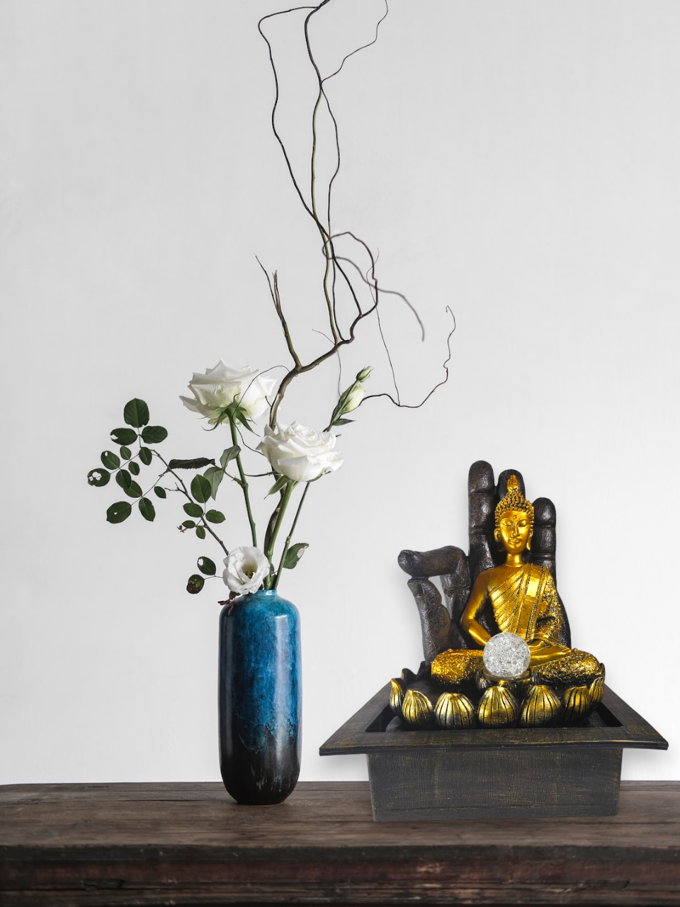 BUDDHA SITTING ON LOTUS WITH HAND GESTURE GOLDEN WATERFALL FOUNTAIN WITH GLASS BALL AND LIGHT