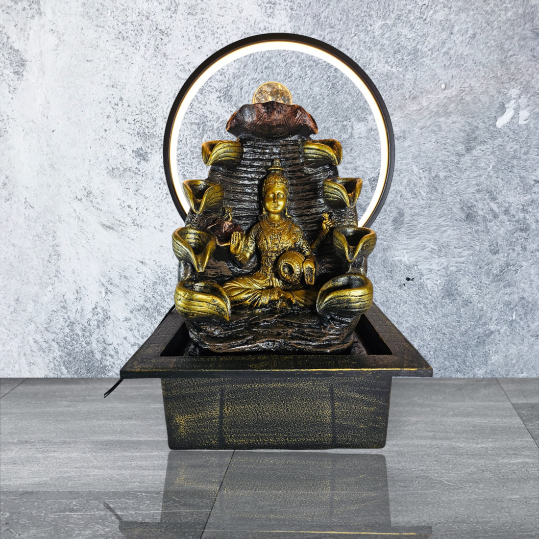 LAXMI JI SITTING BETWEEN WATERFALL FOUNTAIN WITH LIGHT AND GLASS BALL\