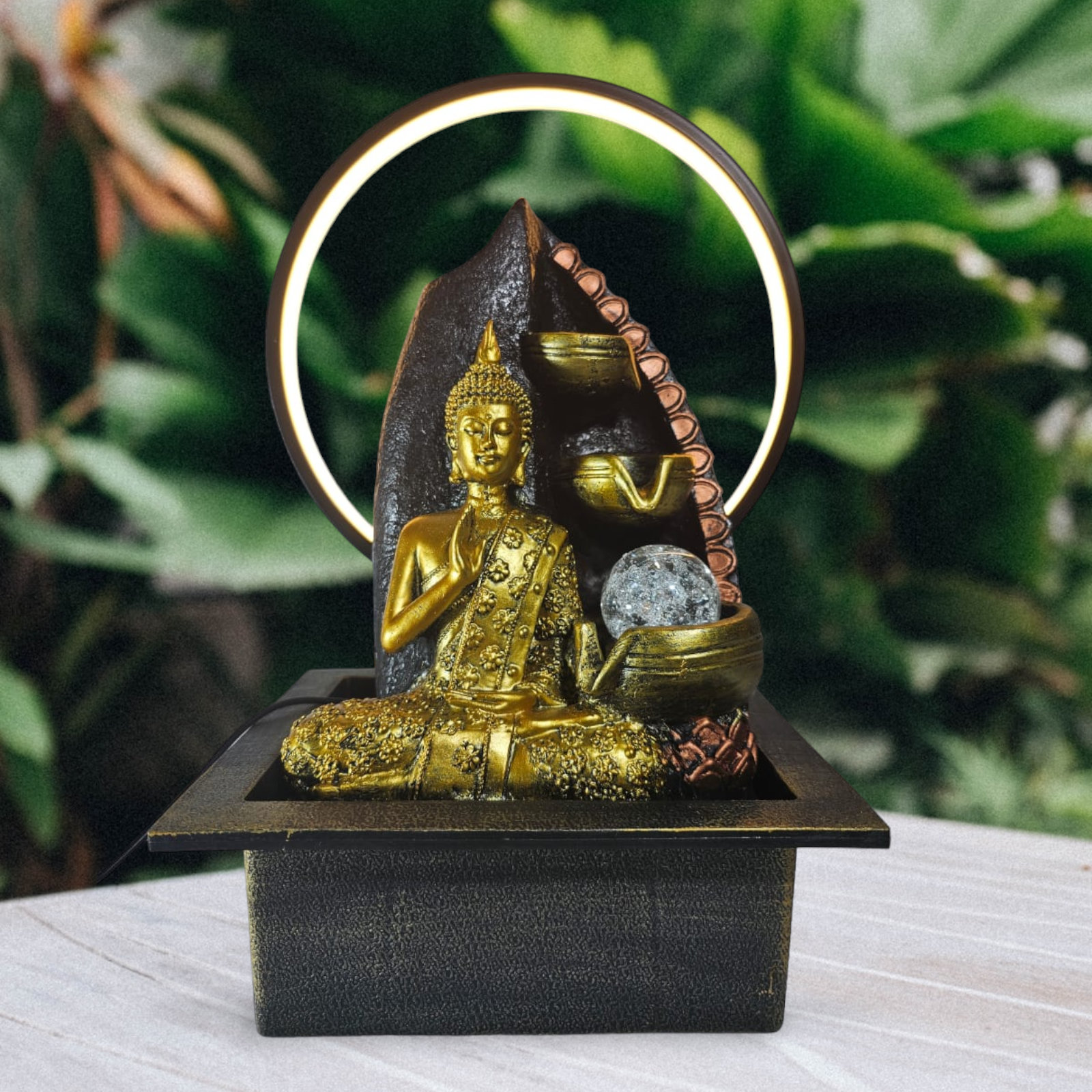 BUDDHA SITTING UNDER THREE LAYER WATERFALL FOUNTAIN WITH LIGHT AND GLASS BALL