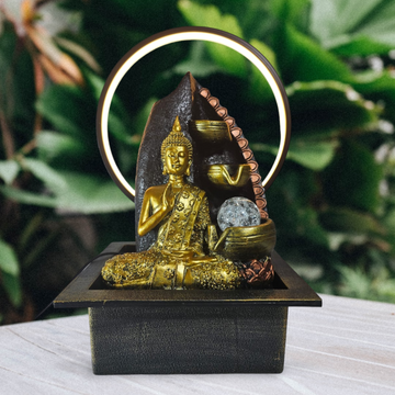 BUDDHA SITTING UNDER THREE LAYER WATERFALL FOUNTAIN WITH LIGHT AND GLASS BALL