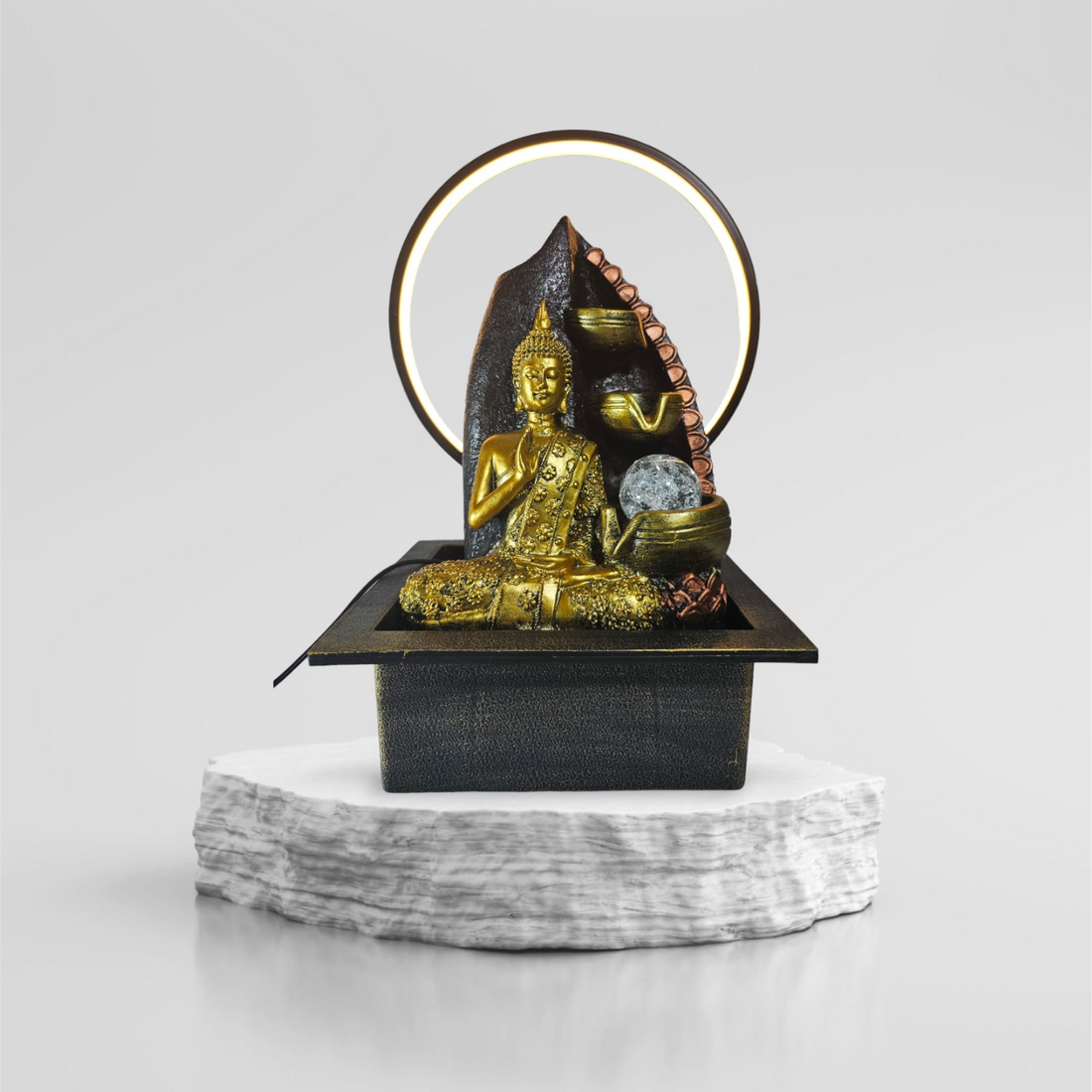 BUDDHA SITTING UNDER THREE LAYER WATERFALL FOUNTAIN WITH LIGHT AND GLASS BALL