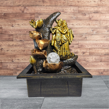 RADHA KRISHNA JI STANDING ON MOON WITH FIVE LAYER WATERFALL FOUNTAIN WITH LIGHT AND GLASS BALL