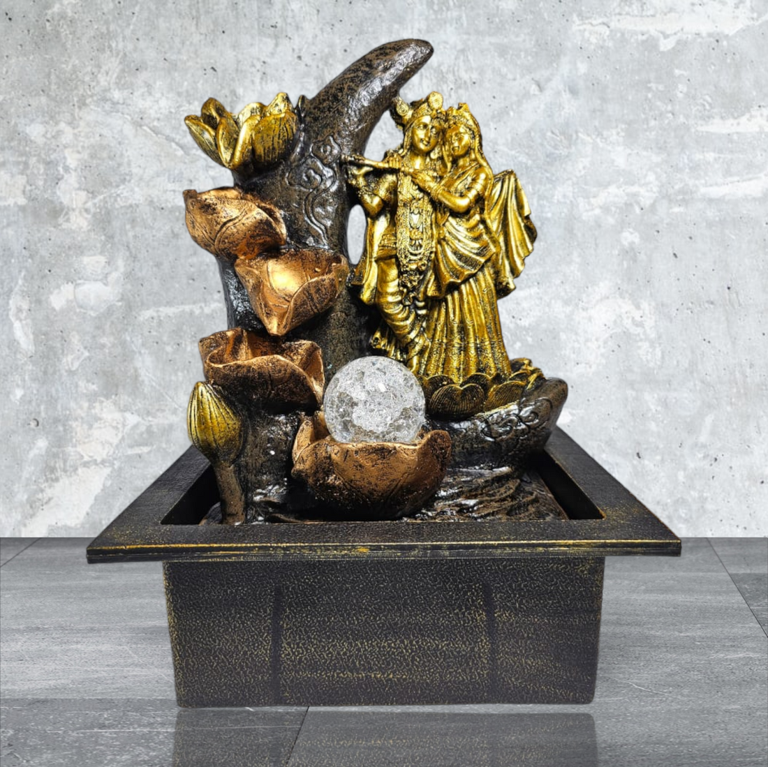RADHA KRISHNA JI STANDING ON MOON WITH FIVE LAYER WATERFALL FOUNTAIN WITH LIGHT AND GLASS BALL