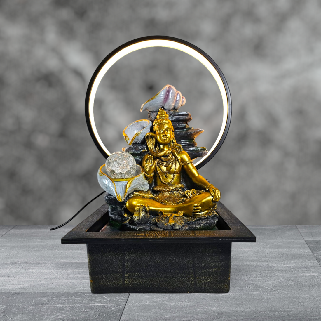 GOLDEN SHIV JI WITH THEE LAYER SANKHA WATER FALL FOUNTAIN, RING LIGHT AND GLASS BALL