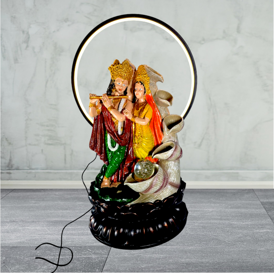 COLOR FULL RADHA KRISHNA JI STANDING WITH FIVE LAYER WATERFALL FOUNTAIN WITH DETACHABLE RING LIGHT AND GLASS BALL