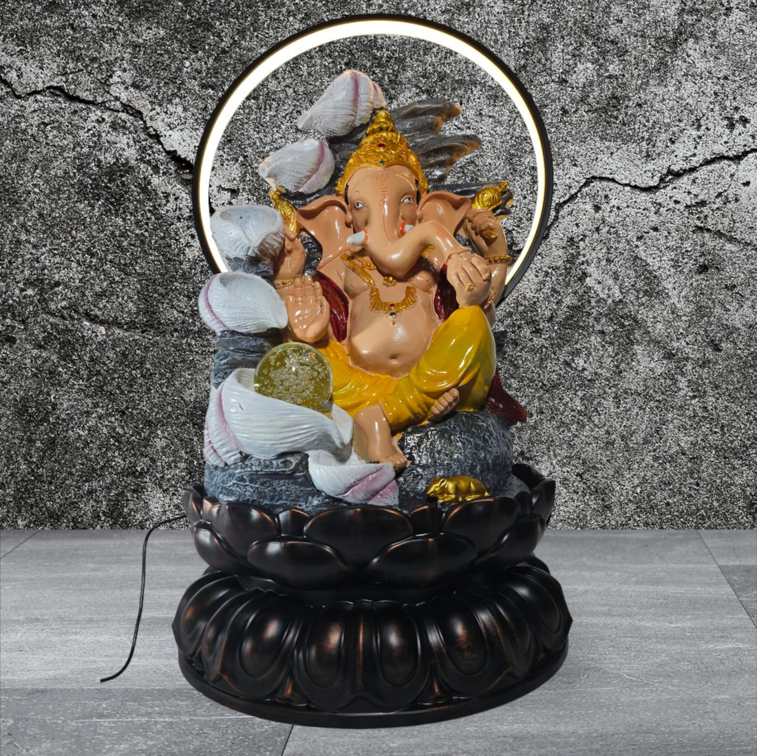 COLORFULL GANESH JI WITH SIX LAYERS SANKHA WATERFALL FOUNTAIN, DETACHABLE RING LIGHT AND GLASS BALL