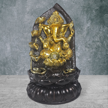 GOLDEN GANESH JI SITTING WITH FIVE LAYER WATERFALL FOUNTAIN, LIGHT AND GLASS BALL