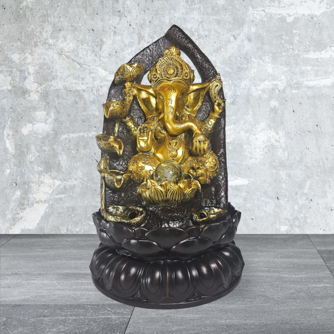 GOLDEN GANESH JI SITTING WITH FIVE LAYER WATERFALL FOUNTAIN, LIGHT AND GLASS BALL