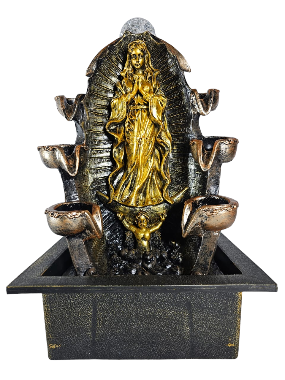 GOLDEN MOTHER MARY WITH SIX WATER FALL FOUNTAIN AND GLASS BALL