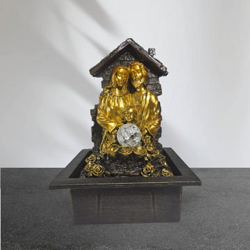 GOLDEN MARY, JOSEPH AND JESUS WITH WATERFALL FOUNTAIN AND GLASS BALL