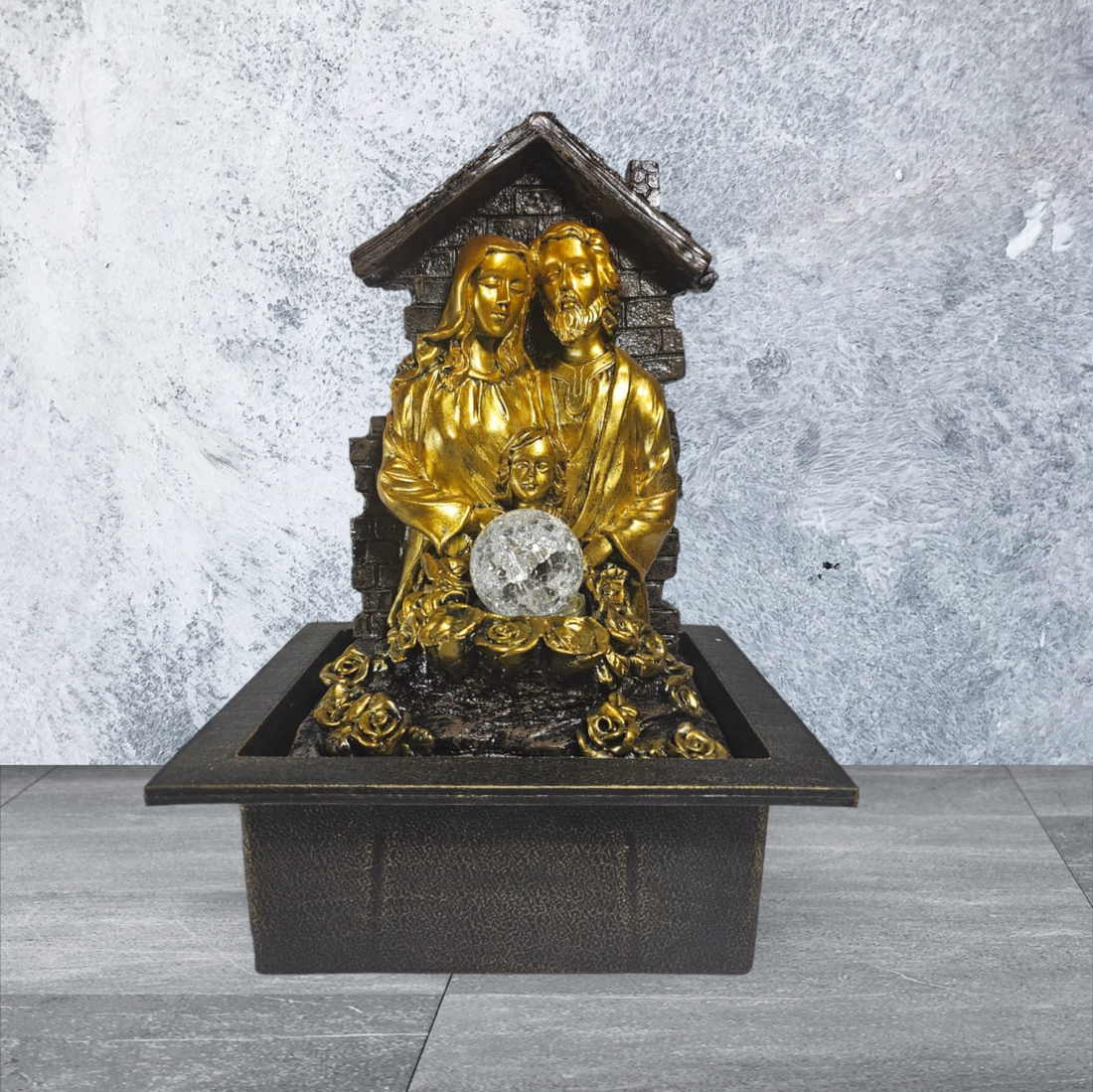 GOLDEN MARY, JOSEPH AND JESUS WITH WATERFALL FOUNTAIN AND GLASS BALL